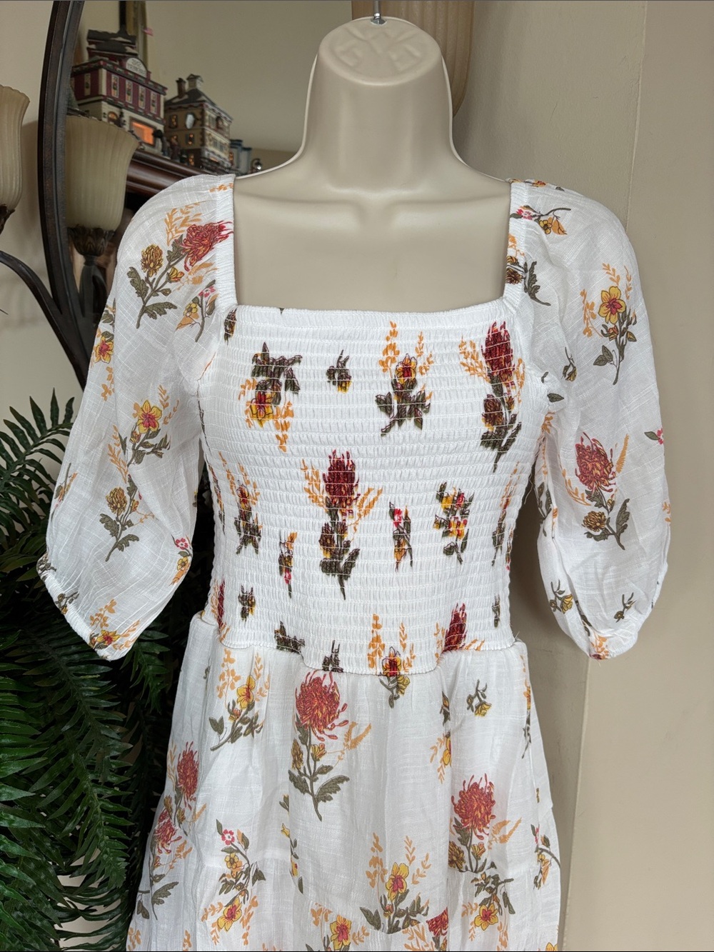 J. Gee White Boho Floral Tiered Maxi Dress Smocked Bodice Ruffle Puff Sleeves - Picture 4 of 15